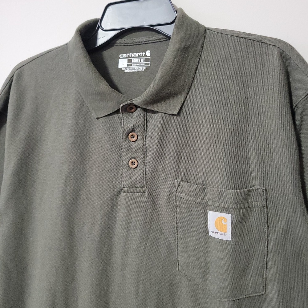 Carhartt Loose Fit Polo Shirt Mens L Olive Green Pocket Workwear Casual